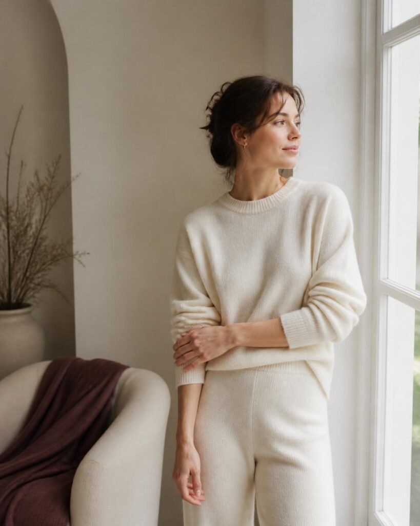 A woman resting comfortably in soft cream loungewear